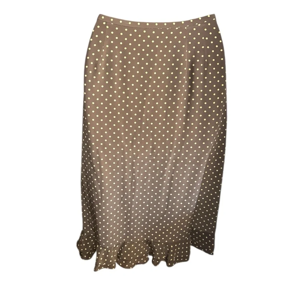 Kate Hill  Brown Polka Dot 100% Silk Skirt Straight Ruffle Bottom Sz 8 preloved - Picture 2 of 8